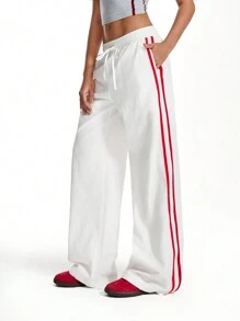 TRNVIE Casual Minimalist Side Contrast Stripe Low Rise Pants For Daily Wear - White - View 3