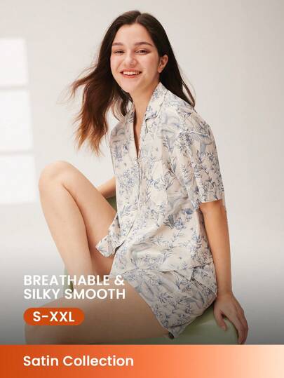LUVLETTE Silky Satin Floral Print Button-Up Top & Shorts Loungewear Airy Pajama Set For Women Pants With Pockets Lounge Sets For Women Lingerie Boxer Set