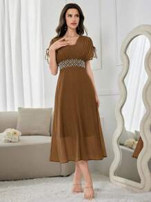 Modelyn Women's Brown Textured Midi Dress: Elegant Cocktail Or Party Dress With Pearl Beading,Summer Dresses For Women