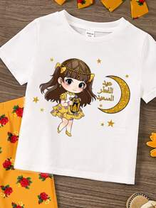 SHEIN 可爱卡通年轻女孩斋月月亮和星星图案，女孩休闲卡通印花圆领短袖上衣和喇叭裤 2 件套，适合春夏季 - 彩色 - 查看 4