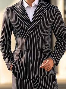 Manfinity Bizformal Conjunto de blazer y pantalón de traje a rayas de doble botonadura para hombre, ideal para negocios/traslados