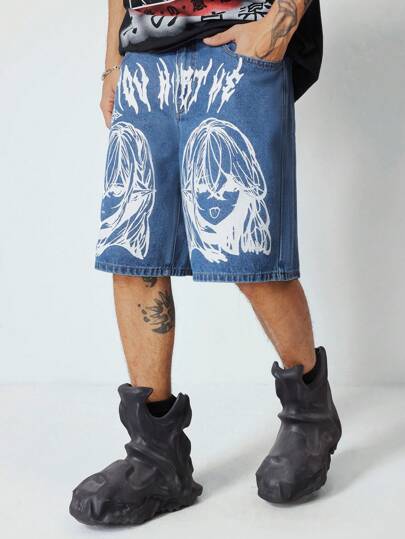 Anime شورتات جينز كاجوال للرجال مع جيوب مطبوع عليها رسوم كرتونية