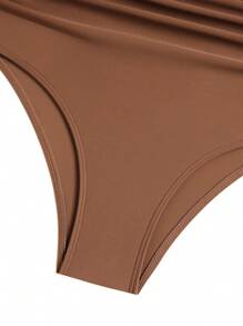 SHEIN Swim 夏季女式纯色褶饰简约修身比基尼泳裤，休闲度假 - 咖啡棕 - 查看 3