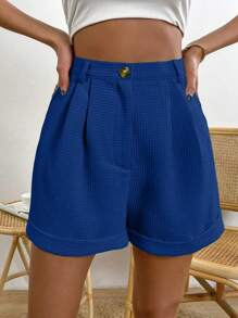 Chiquease Women's Solid Color Pleated Loose Casual Shorts, Versatile - Blue - View 6