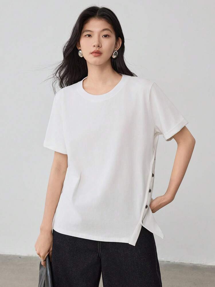 Women's Asymmetrical Button Decor Short Sleeve Casual Business T-Shirt