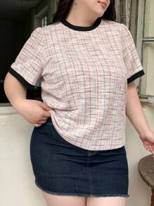 Dazy Plus Plus Size Women's Color Block Round Neck Short Sleeve T-Shirt, Spring/Summer Plaid - Pink - View 9