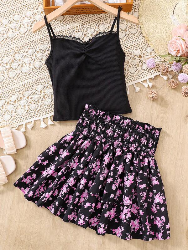 SHEIN 2pcs/Set Teen Girls Shirred Lace Trim Camisole And Ditsy Floral A-Line Skirt
