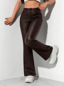 SHEIN PETITE Women's Solid Color Front Button Pocket Minimalist Long Pants, Casual For Daily Wear - Burgundy - View 1