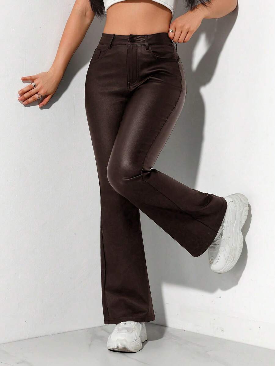 SHEIN PETITE Women's Solid Color Front Button Pocket Minimalist Long Pants, Casual For Daily Wear - Burgundy - View 1