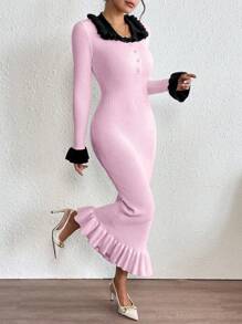 Chiquease Women's Peter Pan Collar Ruffle Sleeve Elegant Sweater Dress Fall Cloth For Women - Pink - View 5