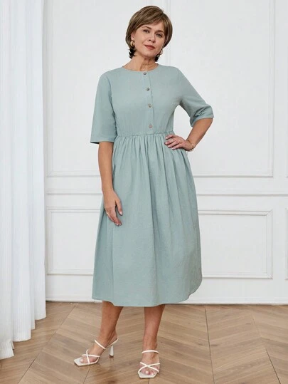 SHEIN LUNE 女士纯色前扣短袖休闲中长连衣裙