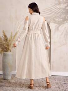 Al Najma Women's Floral Print Off The Shoulder Long Sleeve Elegant Dress - Apricot - View 5