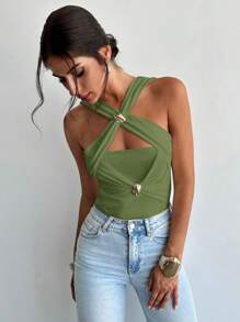 Firerie Khaki Twist Front Cut Out Bodysuit With Gold Shell Detail,Summer Tops - Green - View 5