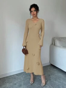 Elenzga 3D 花朵系带长袖休闲针织长裙 - 駝色 - 查看 3