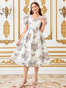 SHEIN 优雅花卉提花泡泡袖中长连衣裙，方形领口，适合少女的度假复古风格 - 白色 - 查看 6