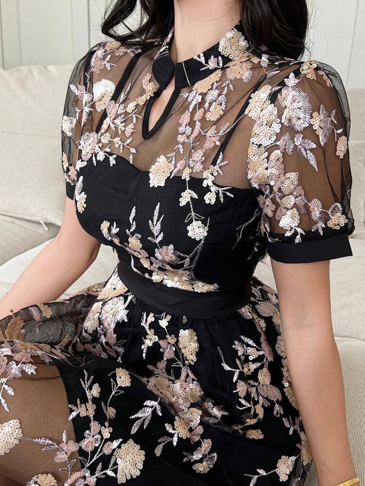 Elegant Floral See-Through Puff Sleeve Mid-Length Dress, Suitable For Summer Occasions, Dates, Parties Sundress Easter Maxi Dress