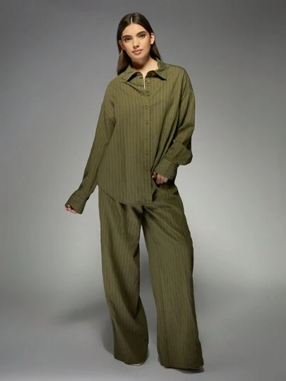 MISSGUIDED Conjunto de lino lujoso a rayas Camisa oversize con botones Pantalones de pierna ancha Ropa de oficina profesional Ropa de estar en casa Primavera Verano Vacaciones