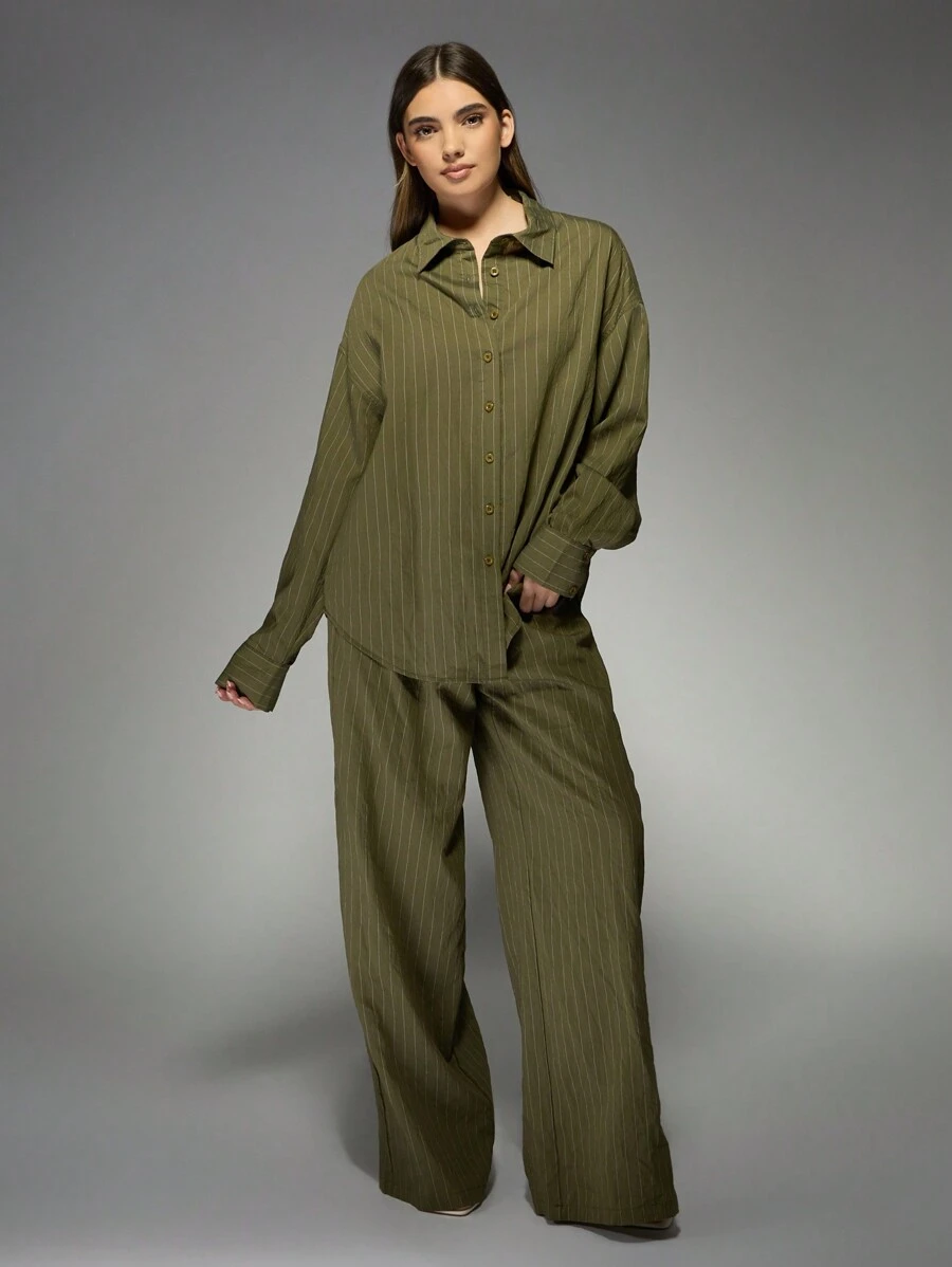 MISSGUIDED Bộ Co-Ord Sọc Vải Lanh Sang Trọng Áo Sơ Mi Cài Cúc Quá Khổ Quần Ống Rộng Trang Phục Công Sở Chuyên Nghiệp Trang Phục Đi Nghỉ Mát Mùa Xuân Hè - xanh quân đội - Xem 1