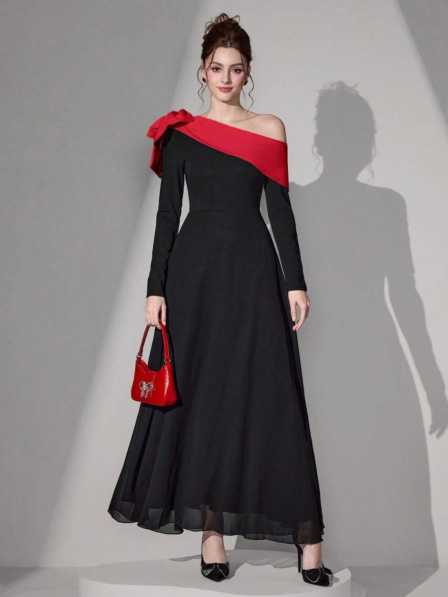 Poshira Váy dạ hội trang trí nơ cổ bất đối xứng thanh lịch cho nữ, Váy dự tiệc cưới, Váy dự tiệc cho lễ hội âm nhạc ngày lễ tình nhân mùa xuân/hè, Váy dự tiệc, Váy dạ hội - màu đen - Xem 1