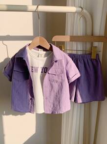 3pcs/Set Young Boy Solid Color Collar Short Sleeve Shirt, Letter Print Knit Soft Round Neck Tank Top And Elastic Waist Shorts - Purple - View 3