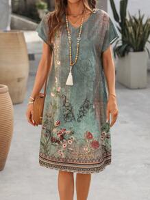 EMERY ROSE Dames zomerjurk met korte mouwen en geometrisch patroonprint