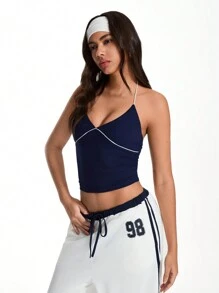 TRNVIE Contrast Trim Halter Casual Tank Top, Minimalist & Fashionable For Daily Casual Wear - Navy Blue - View 3