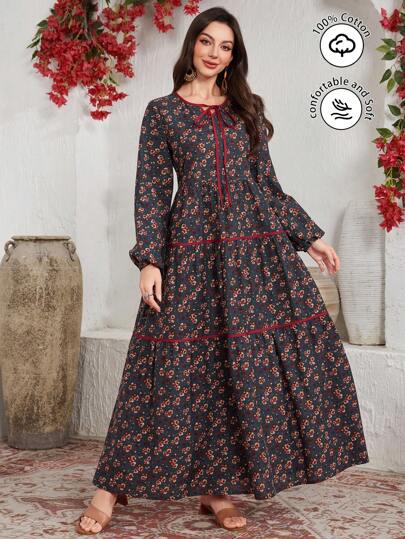 Lacomfia Vestido suelto de cuello redondo con estampado de lino, estilo árabe para mujer, modesto