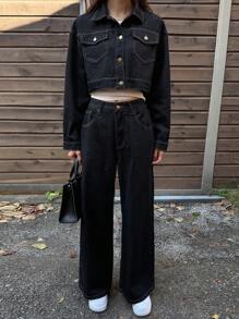 DAZY 女士休闲洗水剪裁牛仔夹克和牛仔裤套装 - 藍色 - 查看 4