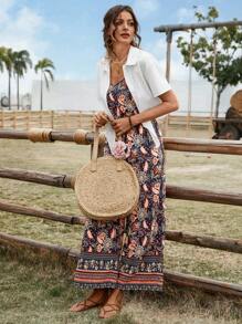 SHEIN LUNE Ensemble casual pour femmes composé d'une chemise unie avec nœud papillon et d'un débardeur à imprimé avec fine bretelle. Tenue occidentale pour femmes, idéale pour les vacances et l'été - Multicolore - Voir 4