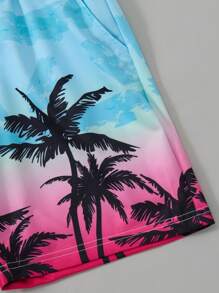 Lässige Ferienmode für Tween Jungen: Cooles Rundhals-T-Shirt mit Aufdruck und Kokosnussbaum-bedruckte Strandshorts, 2 Stücke Set