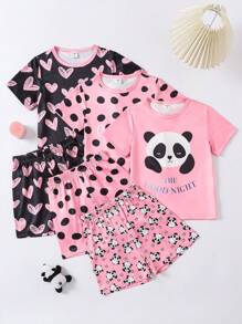 SHEIN 6-delige pyjamaset met korte mouwen en schattige katten- en stippenprint voor meisjes