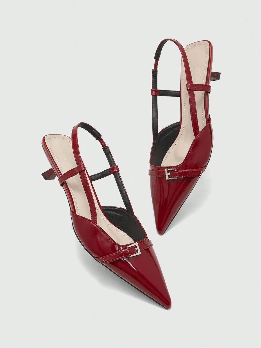 CUCCOO BIZCHIC Women's Pointed Toe Patent Leather Adjustable Buckle Strap Low Heel Flats Spring Shoes Spring Break Easter - Burgundy - View 1