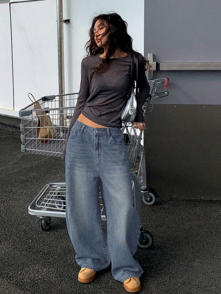 Retro Loose Street-Style Washed Bleached Wide-Leg Women Baggy Jeans