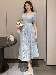 女士 V 领蕾丝中长连衣裙，适合约会和场合太阳裙 - 藍色 - 查看 4