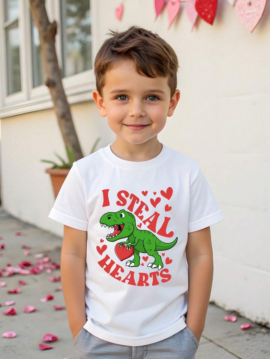 幼儿男童休闲趣味恐龙针织印花 T 恤，可爱简约设计，适合夏季