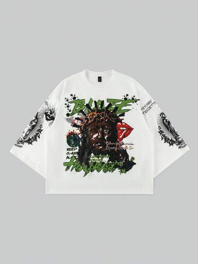 Street Life Maglietta oversize da uomo con maniche a 3/4 e stampa, modello pesante