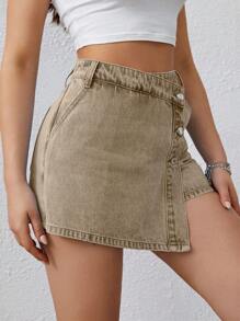 SHEIN EZwear Women's Casual Front Button Pocket Simple Denim Shorts, Daily Wear - Brown - View 5