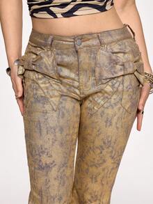 ROMWE J-Fashion Shibuya Girl Butterfly Pocket Metallic Coated Low Waist Skinny Flare Pants For Women - Gold - View 8