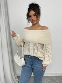 Chiquease 女士休闲露肩灯笼袖扭绳镂空宽松针织毛衣，春秋季针织套头衫秋冬毛衣 - 杏色 - 查看 6