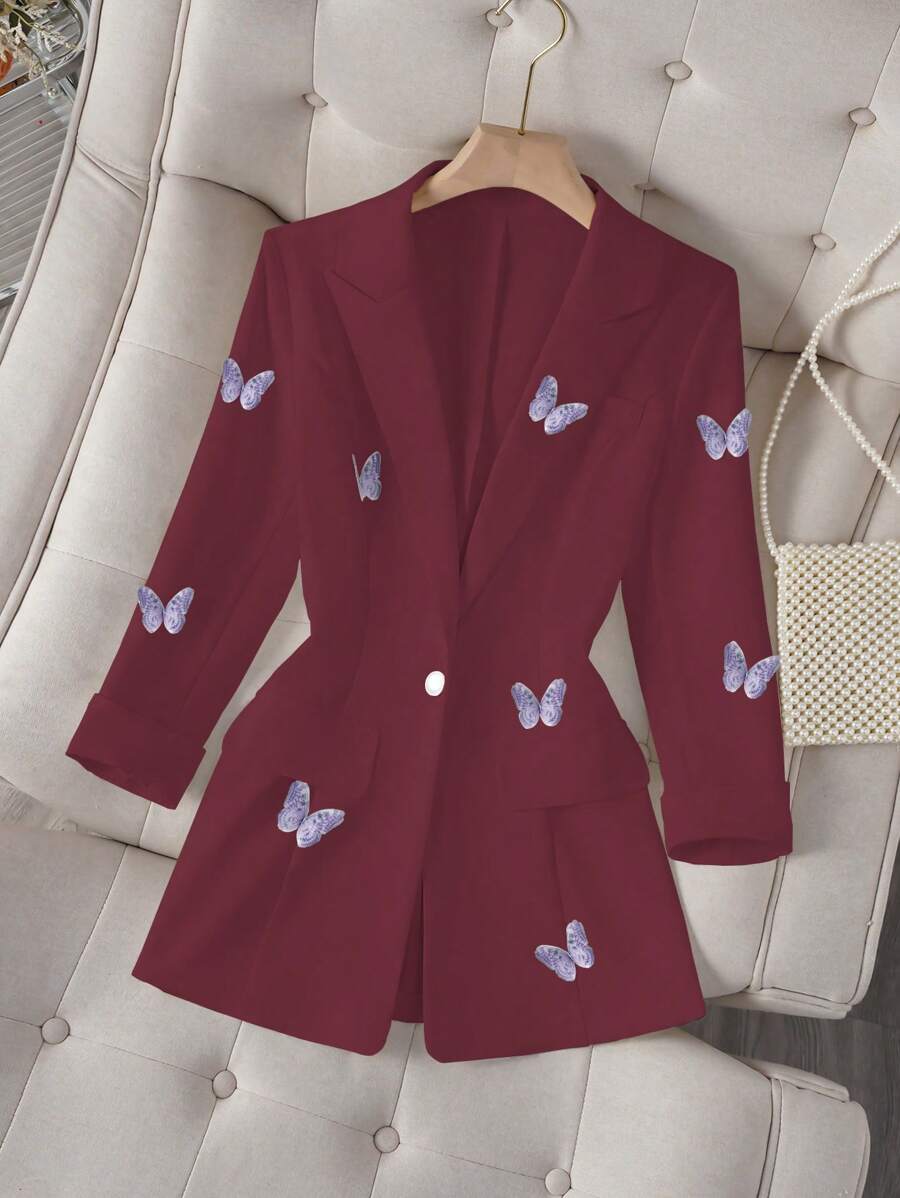 SHEIN Unity Women's Butterfly Decor Elegant Long Sleeve Blazer Fall Cloth For Women - Burgundy - View 1