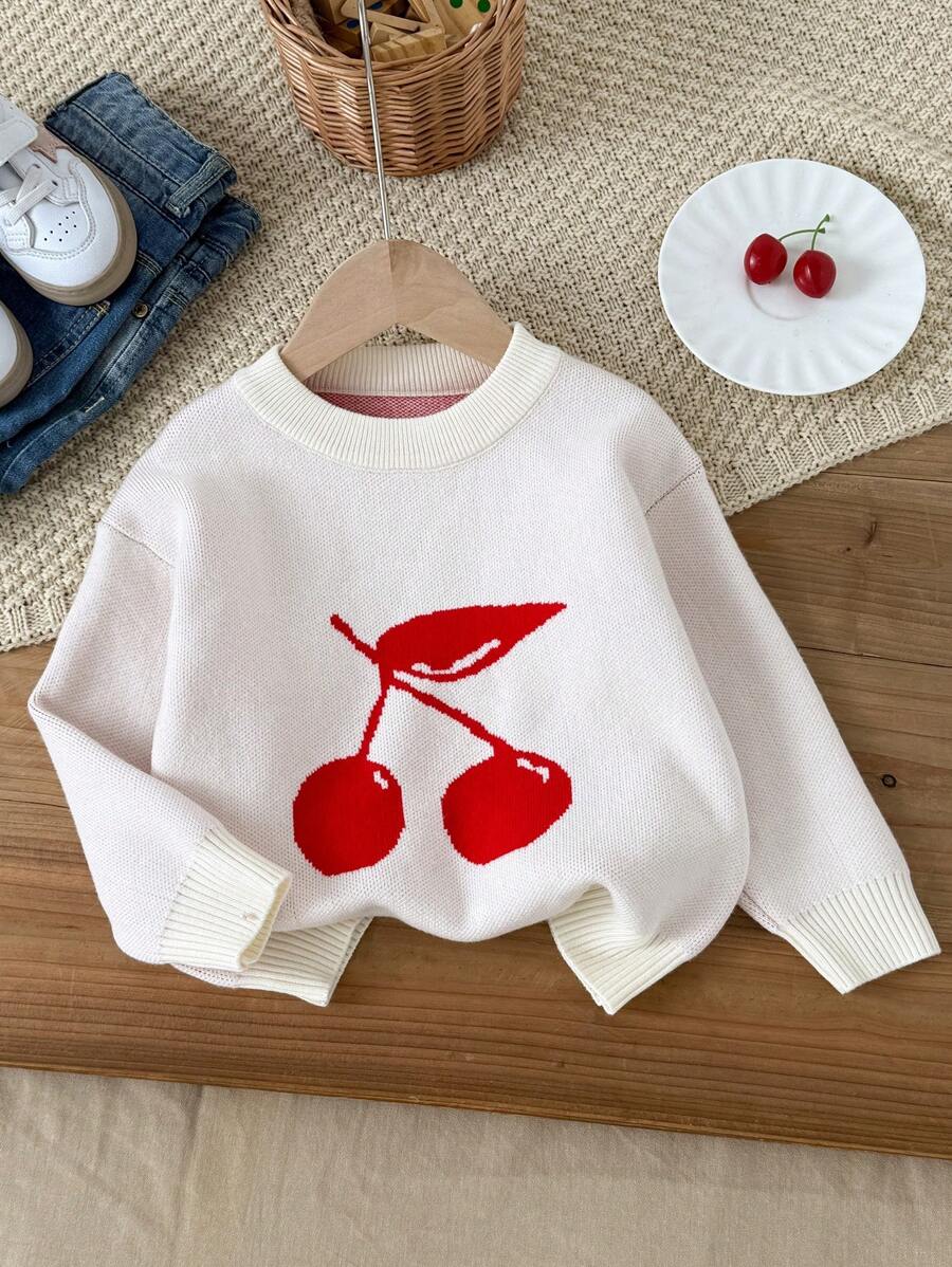 Gestrickter Rundhals Mode-Pullover im japanischen Stil für Kleine Mädchen, Baby Mädchen Kirschblüten Dobby Muster Langarm Ecru Strick Top