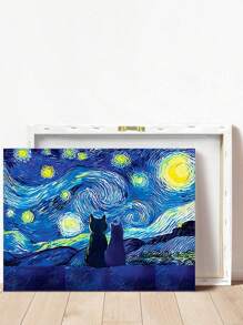 1 pieza Obra de arte de la Noche Estrellada, impresión en lienzo de obra de arte de gatos, póster de decoración de cielo nocturno, pintura de animales, pintura surrealista para decoración de habitación, estilo de Vincent Van Gogh, impresiones artísticas, decoración del hogar, pósteres, regalo ideal, para sala de estar, dormitorio, baño, cafetería