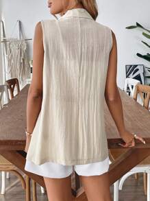 Chiquease Women's Casual Solid Color Double-Breasted Linen Sleeveless Blazer - Apricot - View 2