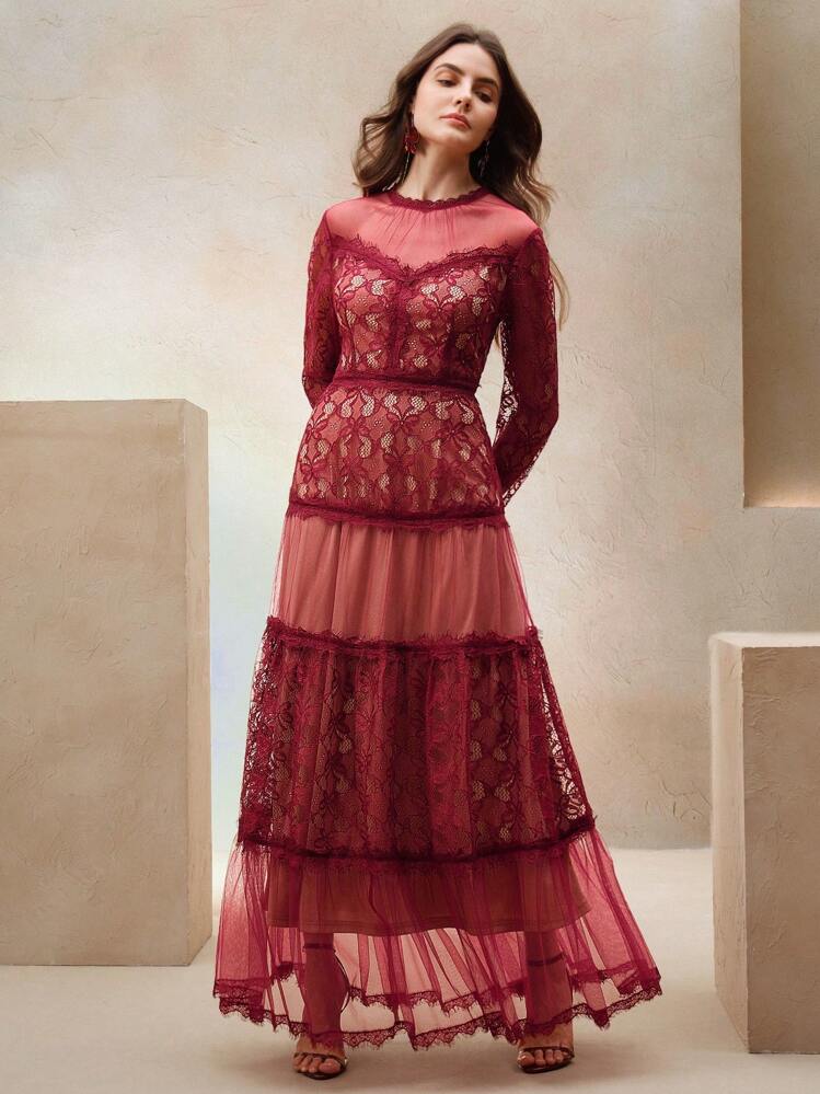 Anewsta Sheer Mesh Contrast Lace Hollow Embroidered Mesh Waist-Cinched Maxi  A-Line Princess Dress With Design | SHEIN USA