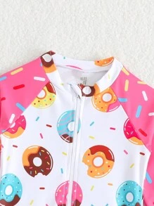 SHEIN 女婴可爱甜甜圈印花荷叶边长袖连体泳衣，海滩度假 - 彩色 - 查看 3