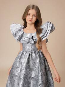Vestido de niña preadolescente con mangas de volantes y hombros descubiertos, bordado, de alta gama, para boda, fiesta, ceremonia, cumpleaños, vestido de fiesta - Gris - Ver 4
