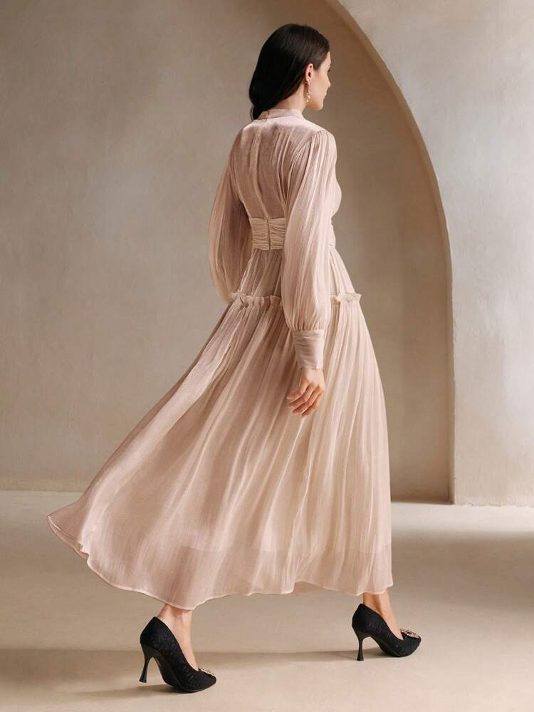 High Waisted Long Dress With Puff Sleeves, Featuring Shiny Fabric And Waist Panel Detail