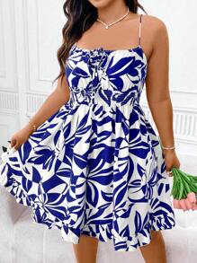 Elenzga 大码夏季印花连衣裙，修身细肩带蓝色连衣裙女士细肩带连衣裙，A 字型吊带短裙休闲假日热带雨林印花连衣裙海岛度假沙滩裙新款夏季花卉印花 A 字型细肩带连衣裙腰部收紧高腰连衣裙性感露背细肩带连衣裙，海滩度假氛围 A 字型系带无袖连衣裙 - 藏蓝色 - 查看 6