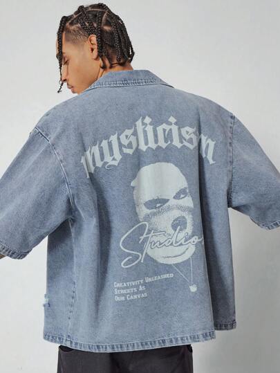 Street Life قميص جينز كاجوال فضفاض قصير الأكمام بطباعة رموز حرفية للرجال