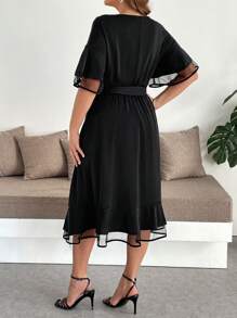SHEIN Clasi Plus Size Women's Solid Color Mesh Splicing Round Neck Ruffle Sleeve Elegant A-Line Dress, Plus Size Women's Solid Color Mesh Splicing Round Neck Ruffle Sleeve Elegant A-Line Dress, Going Outfits, Women's Maxi Dresses, Long Dresses, Elegant Midi Dresses, Elegant Dresses, Elegant Dresses, Elegant Dresses, Elegant Wedding Dresses, Elegant Midi Dresses, Women's Black Dresses, Women's Spring And Summer Dresses, Women's Resort Dresses - Black - View 2